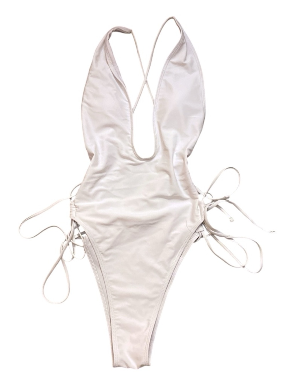Women’s White One-Piece Swimsuit with Side Ties and Open Back